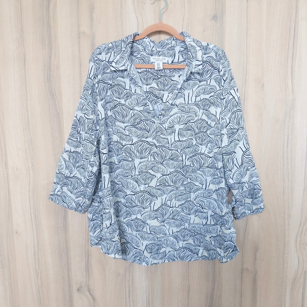 Rachel Zoe Women 100% Linen Blouse 1X White Black Mushroom Print Coastal Boho